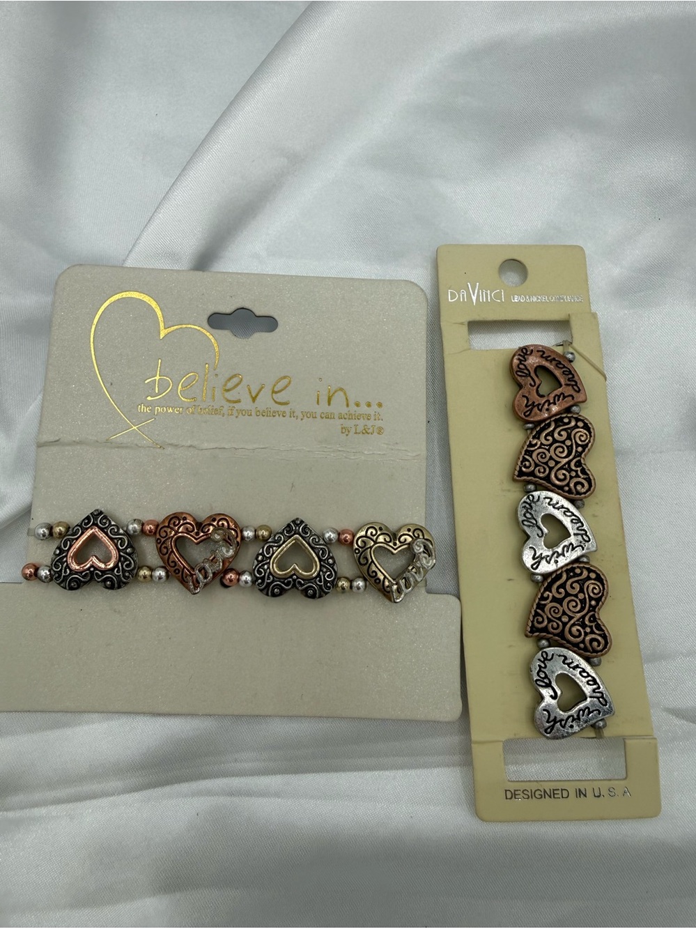 DaVinci & L&J Two-Tone Heart Stretch Bracelets Set in Brass Gold Silver Tones